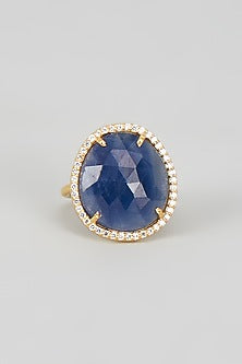 Gold Finish CZ Diamond & Blue Stone Ring