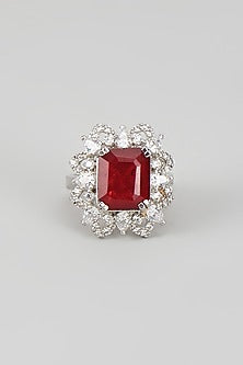 White Finish Ruby Synthetic Stone & CZ Diamond Beaded Ring