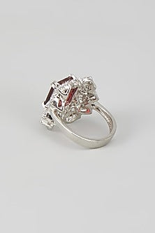 White Finish Ruby Synthetic Stone & CZ Diamond Beaded Ring