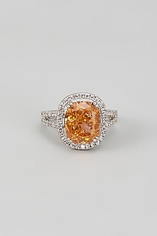 White Finish Yellow Quartz Stone & CZ Diamond Beaded Ring