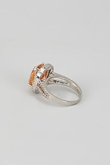 White Finish Yellow Quartz Stone & CZ Diamond Beaded Ring