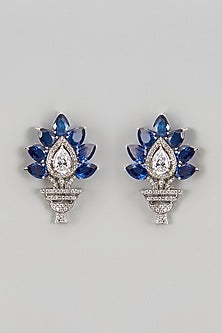 White Finish Zircon & Blue Stone Stud Earrings