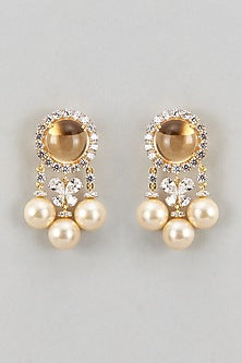 Gold Finish Pearl & Yellow Stone Dangler Earrings