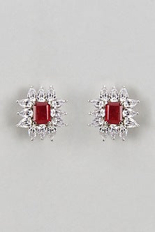 White Finish Zircon & Ruby Stone Stud Earrings