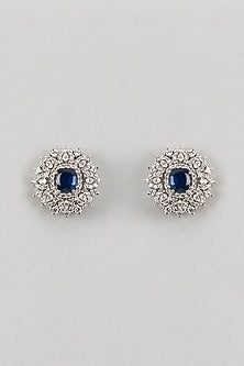 White Finish Zircon & Sapphire Stone Stud Earrings