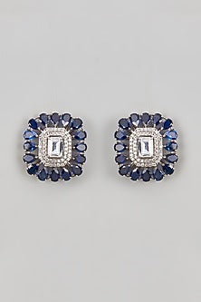 White Finish CZ Diamond & Sapphire Stone Beaded Stud Earrings In Sterling Silver