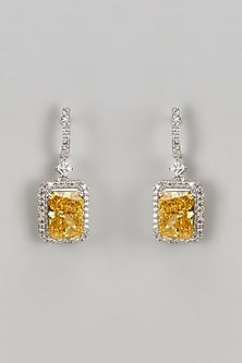 White Finish CZ Diamond & Yellow Quartz Dangler Earrings In Sterling Silver