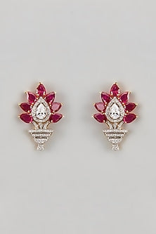 White Finish CZ Diamond & Ruby Stud Earrings In Sterling Silver