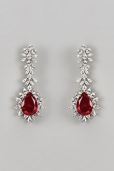 White Finish CZ Diamond & Ruby Stone Beaded Dangler Earrings In Sterling Silver