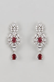 White Finish CZ Diamond & Ruby Stone Beaded Dangler Earrings In Sterling Silver