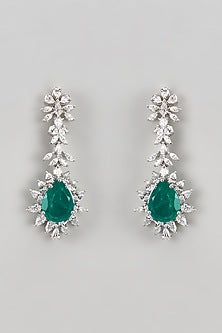 White Finish CZ Diamond & Emerald Stone Beaded Dangler Earrings In Sterling Silver
