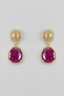 Gold Finish CZ Diamond & Multi-Colored Stone Beaded Dangler Earrings In Sterling Silver