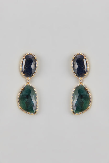 Gold Finish CZ Diamond & Multi-Colored Stone Beaded Dangler Earrings In Sterling Silver