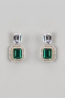 Rose Gold Finish CZ Diamond & Emerald Stone Dangler Earrings In Sterling Silver