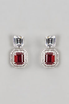 Rose Gold Finish CZ Diamond & Ruby Stone Dangler Earrings In Sterling Silver