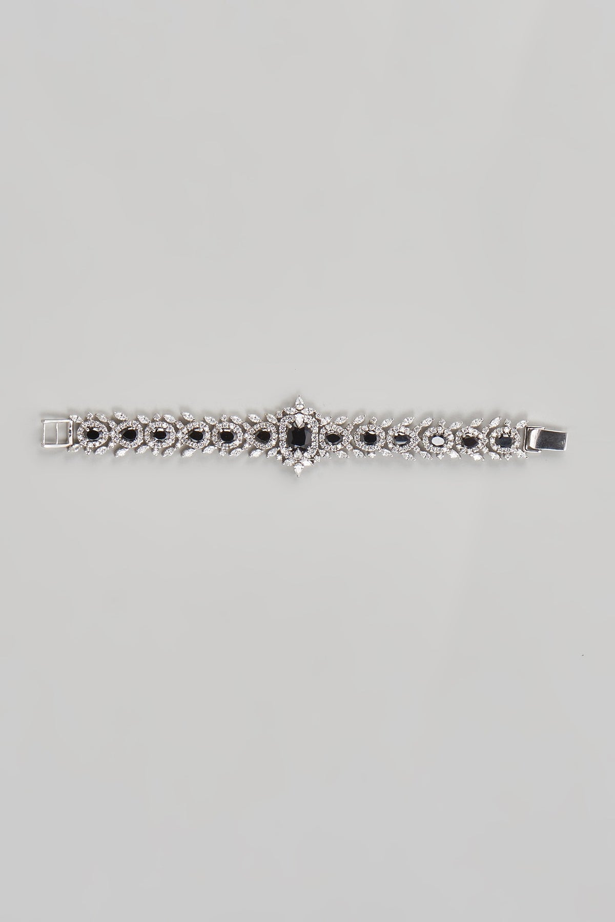 White Finish CZ Diamond & Black Onyx Bracelet In Sterling Silver