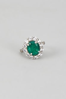 White Finish CZ Diamond & Emerald Stone Ring In Sterling Silver