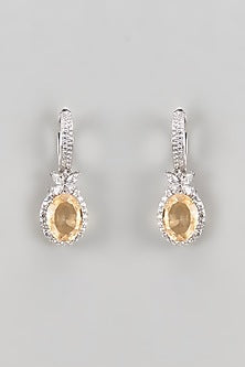 White Finish CZ Diamond & Champagne Stone Dangler Earrings In Sterling Silver