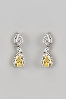 White Finish CZ Diamond & Yellow Stone Dangler Earrings In Sterling Silver