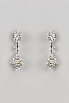White Finish CZ Diamond Dangler Earrings In Sterling Silver