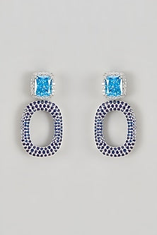 White Finish CZ Diamond & Aqua Stone Dangler Earrings In Sterling Silver