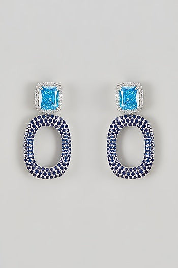 White Finish CZ Diamond & Aqua Stone Dangler Earrings In Sterling Silver