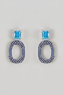 White Finish CZ Diamond & Aqua Stone Dangler Earrings In Sterling Silver