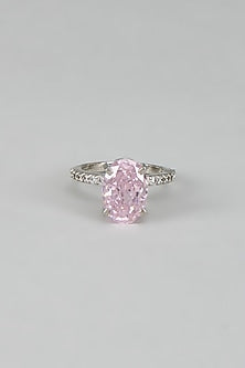 White Finish CZ Diamond & Pink Stone Ring In Sterling Silver