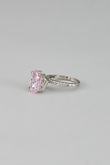 White Finish CZ Diamond & Pink Stone Ring In Sterling Silver