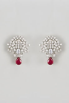 White Finish CZ Diamond & Red Stone Stud Earrings In Sterling Silver