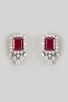 White Finish CZ Diamond & Ruby Stone Stud Earrings In Sterling Silver