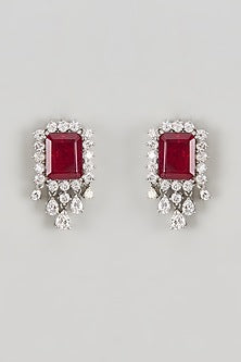 White Finish CZ Diamond & Ruby Stone Stud Earrings In Sterling Silver