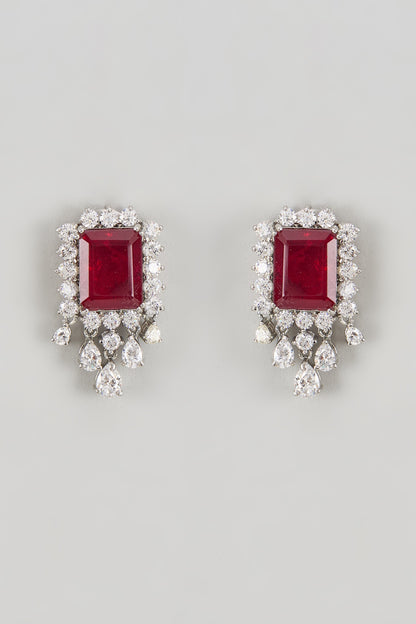 White Finish CZ Diamond & Ruby Stone Stud Earrings In Sterling Silver