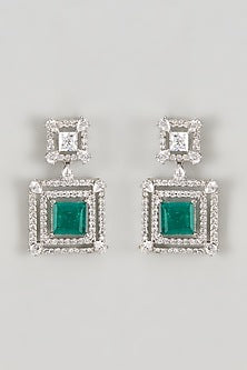 White Finish CZ Diamond & Emerald Stone Dangler Earrings In Sterling Silver