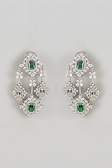 White Finish CZ Diamond & Emerald Stone Dangler Earrings In Sterling Silver