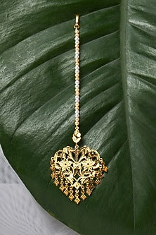 Gold Finish Swarovski Pearls & Pathra Work Heart-Shaped Maangtikka In Sterling Silver