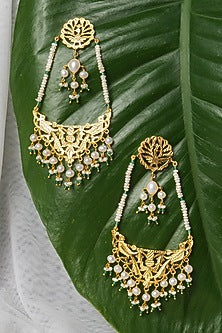 Gold Finish Pathra Work & Freshwater Pearls Dangler Earrings In Sterling Silver