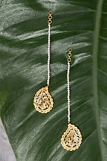 Gold Finish Pathra Work & Swarovski Pearls Kaan Chain Paisley Earrings In Sterling Silver