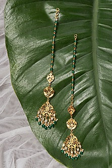 Gold Finish Pathra Work & Emerald Quartz Kaan Chain Dangler Earrings In Sterling Silver