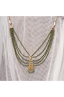 Gold Finish Pathra Work & Green Quartz Stone Layered Necklace In Sterling Silver