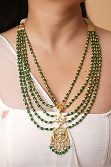 Gold Finish Pathra Work & Green Quartz Stone Layered Necklace In Sterling Silver