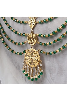 Gold Finish Pathra Work & Green Quartz Stone Layered Necklace In Sterling Silver