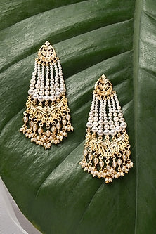 Gold Finish Swarovski Pearls Dangler Earrings In Sterling Silver