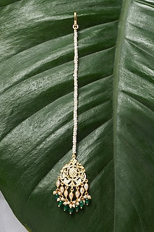 Gold Finish Freshwater Pearls & Pathra Work Maangtikka In Sterling Silver