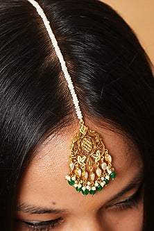 Gold Finish Freshwater Pearls & Pathra Work Maangtikka In Sterling Silver