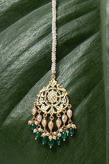Gold Finish Freshwater Pearls & Pathra Work Maangtikka In Sterling Silver