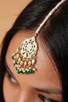 Gold Finish Freshwater Pearls & Pathra Work Maangtikka In Sterling Silver
