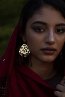 Gold Finish Magenta Stone Earrings In Sterling Silver