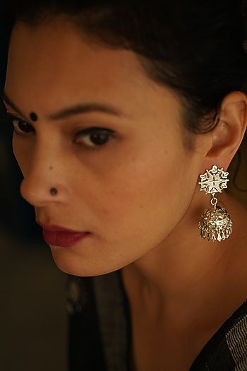 White Finish Handmade Jhumka Earrings In Sterling Silver