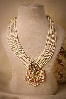 Gold Finish Pearl Long Necklace In Sterling Silver